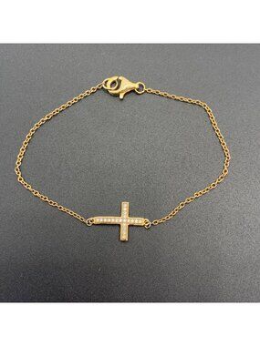 Sideways Cross Bracelet CZ Accent Stones Cable Chain Vintage Gold Tone 7.5" Long